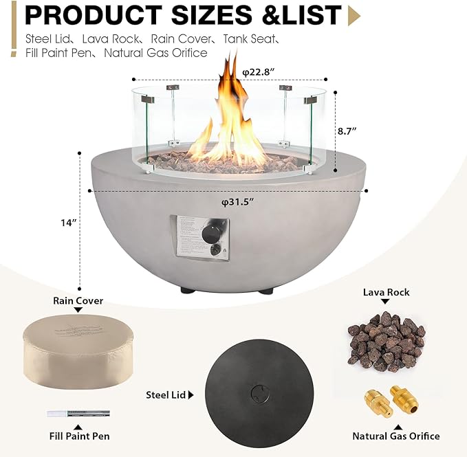 31.5inch Round Concrete Fire Pit Table with Glass Wind Guard Propane 50,000 BTU Outdoor Fire Bowl Table CSA Certification Gas Firepits with Steel Lid, Rain Cover for Backyard, Deck