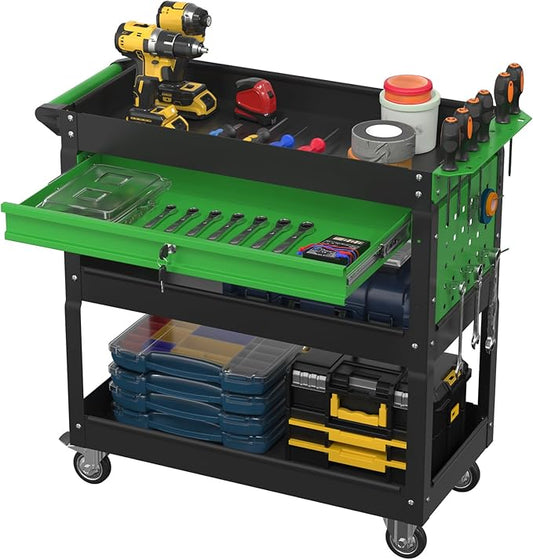 3 Tier Rolling Tool Cart with Drawer, 450 LBS Heavy Duty Utility Cart on Wheels, Service Cart for Garage, Workshop and Warehouse (Black&Green)