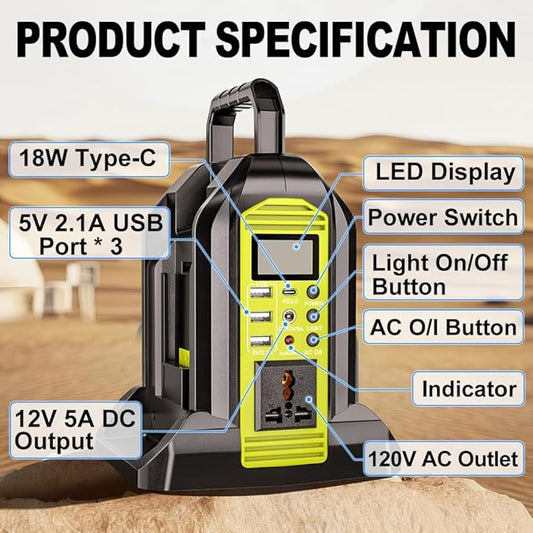 350W Pure Sine Wave Power Inverter Compatible with Ryobi 40V Lithium Battery, 2-Port DC to AC 110-120V Inverter with LED Light, USB-A & Type-C & DC Ports for Camping, Outdoor, Emergency (Tool Only)