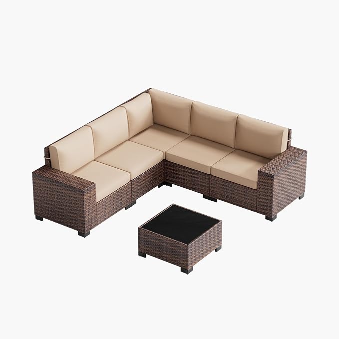UDPATIO Patio Furniture Set, 8 Inch Armrest Patio Sectional Furniture, 6 Piece Wicker Outdoor Sectional Conversation Sets with Waterproof Cover and Coffee Table for Backyard Deck(Brown/Khaki)