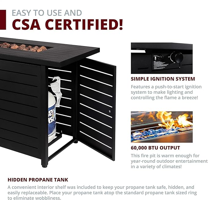 42" Outdoor Propane Fire Pit Table, Patio Rectangular Gas Fire Pit 2 in 1 Coffee Table with Firepit, 50,000 BTU, Waterproof Cover, Powder-Coated Stainless Steel with Lava Rock, CSA Certified