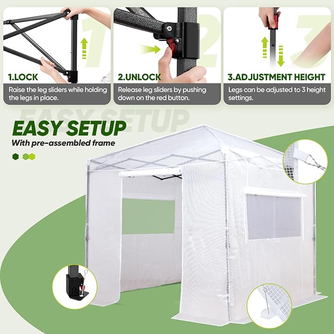 EAGLE PEAK Instant Pop-up Greenhouse, Indoor Outdoor Plant Gardening Green House, Roll-Up Zipper Doors and Side Windows, Walk in 8x8 ft, PE Cover, White/Clear