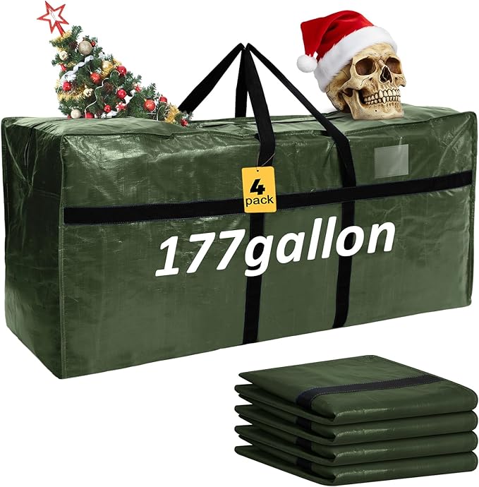 Windyun 4 Pack 177 Gallon Extra Large Storage Bags XXL Moving Bags with Zipper Handle Heavy Duty Jumbo Big Tote Box for Christmas Tree Storage 4, 5, 7.5, 9, 10, 12 ft Skeleton College Dorm(Army Green)