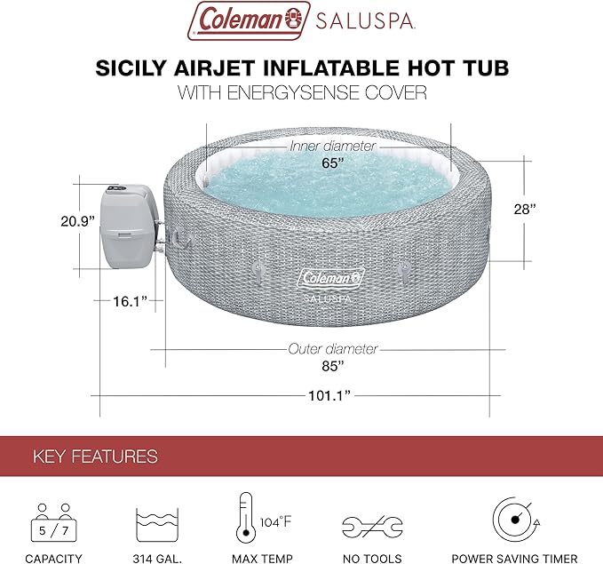 Coleman Sicily AirJet Large Round 5 to 7 Person Inflatable Hot Tub Portable Outdoor Spa with 180 AirJets and EnergySense Cover, Grey