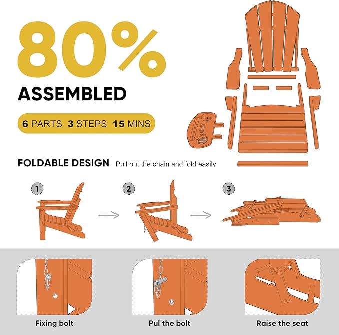 Adirondack Chair Set of 2, HDPE Folding Adirondack Chair with Multifunctional Cup Holder, Weather Resistant Fire Pit Chair for porches, patios, patios, poolsides, Decks.