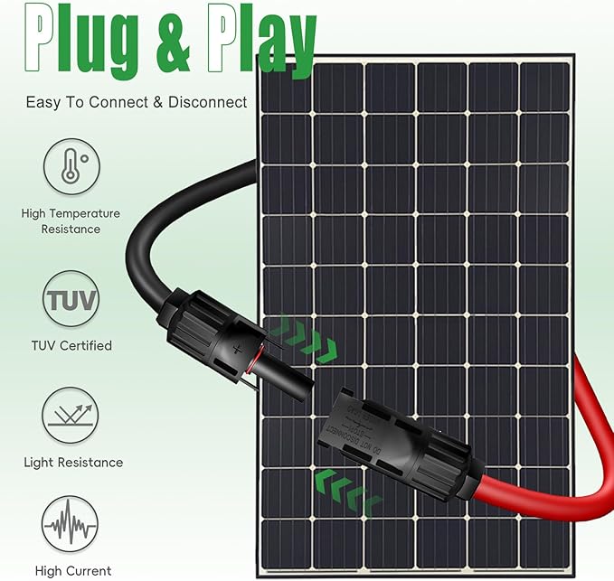 Twin Wire 20FT Solar Extension Cable - 10AWG (6mm²) Solar Panel Connector, with IP67-Male/Female Solar connectors for Outdoor Automotive RV Boat Marine Solar Panel- Black & Red