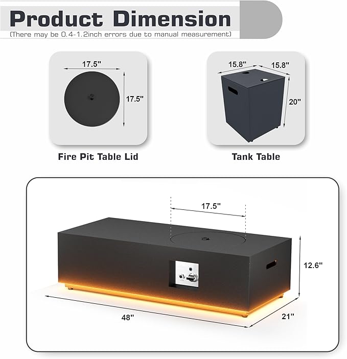 48 inch Propane Fire Pit Table LED, 2 in 1 Rectangular Outdoor Fire Pit with 20lb Tank Cover, Outside Patio Deck and Garden, Gas Fireplace Table with Lid and Stone, 50,000 BTU Adjustable Flame