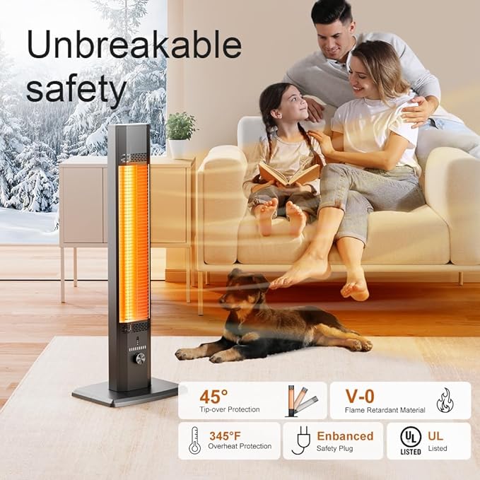 42 INCH Patio Heater, 1500W Outdoor Heater, 9 Heat Levels & 9 Hour Timer, 1S Instant Heat, Infrared Heater with Child Safety Lock, IP65 Waterproof, Tip-Over for Outdoor Indoor Use, Black