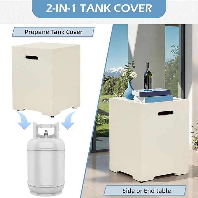 ECOTOUGE Modern Propane Tank Cover, 20 lb Tank Cover Table for Fire Pit Table, Gas Tank Storage Box with Side Handles, Hose Hole, Propane Tank Hideaway, Dual Function for Side or End Table, Beige
