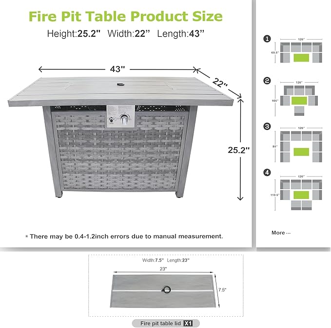 Dineli 43-Inch Rectangular Propane Fire Pit Firepits for Outside Patio Fire Pit Table, Gas Fire Pits with Adjustable Feet, Tabletop Fire Pits for Backyard Deck Balcony, 50,000 BTU, Light Gray