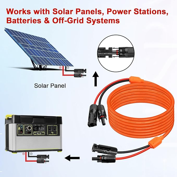 XRDS -RF Solar Extension Cable 50FT, 14AWG Tinned Copper with Solar Panel Connectors, 10AWG Red & Black Branch Wires, Heavy Duty Outdoor Power Cord for RV, Inverter, Generator, Off-Grid System
