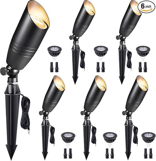 Gardenreet Low Voltage Spot Lights - Black Solid Brass Landscape Spotlight Wired, 12V Outdoor LED Bullet Uplights, Waterproof Electric for Patio Wall with 5000K Daylight MR16 Bulb (6 Pack)