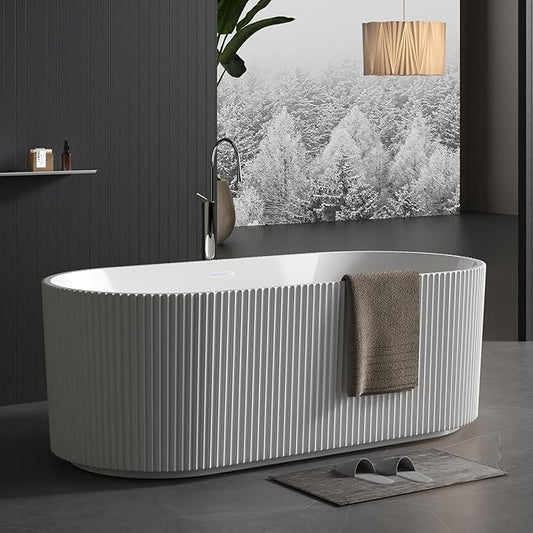 59" Free Standing Tub, Acrylic Soaking Bathtub, Stand Alone Freestanding Tub with Matte Sliver Drain and Overflow, Contemporary Bathtub for Bathroom, Pleated Gloss White
