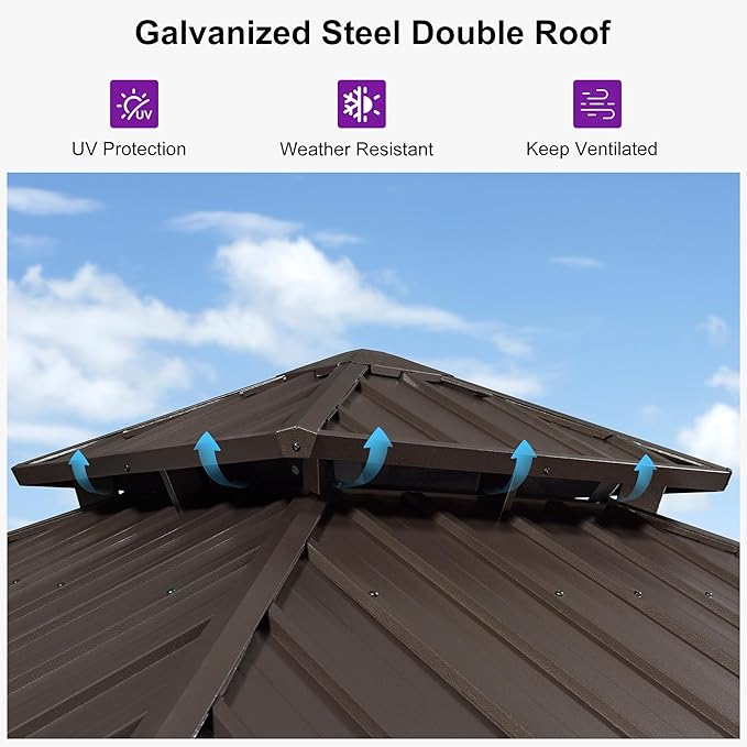 PURPLE LEAF 10’ X 10' Hardtop Gazebo Outdoor Gazebos Metal Frame Galvanized Steel Double Roof with Curtains and Nettings for Patio Desk Backyard Bronze