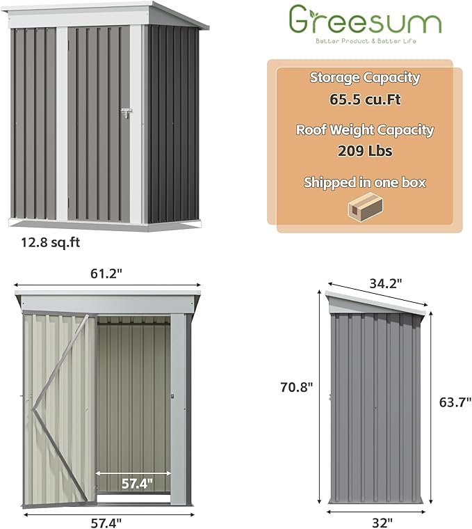 Greesum 5×3 FT Outdoor Storage Shed, Metal Storaged Sheds Without Floor, Tool Sheds with Lockable Doors and Slooping Roof for Garden, Patio, Backyard, Gray