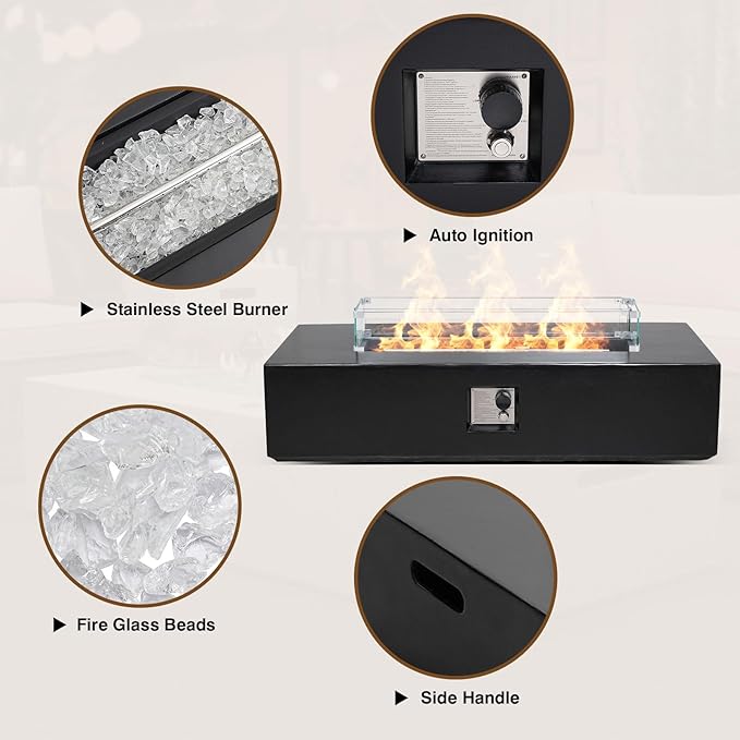 2-Piece Outdoor Propane Fire Pit Table Set – Premium Marble-Like MgO Finish, 56-Inch Gas Fire Table with Glass Wind Guard for Patio, Garden & Backyard, Includes Rain Cover & Glass Beads