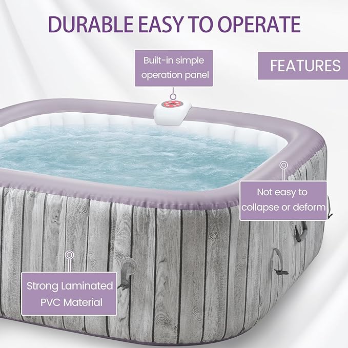 73" Inflatable Hot Tub,4-6 Person, Portable Outdoor Spa with 130 Soothing Bubble Jets, Smart Heating, Insulated Cover and 6 Replaceable Filters, PE Floor Mat, 110-120V Input (Square)