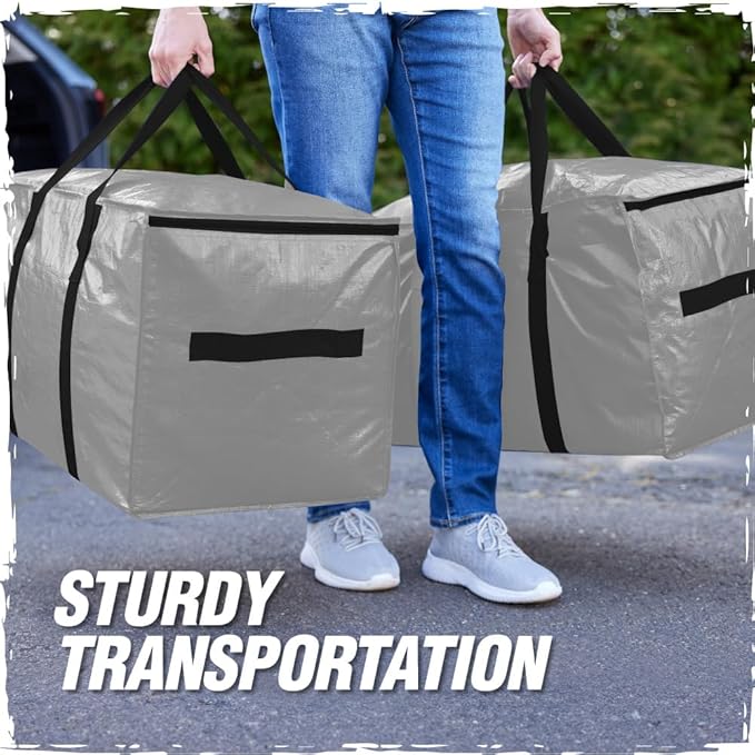 RUGGED RHINO 6 Pack Heavy Duty Extra Large Moving Bags, Durable Bag with Strong Handles and Zipper, Moving Boxes Alternative for College Packing, Holiday Décor, Space Saving Storage with Label, Silver