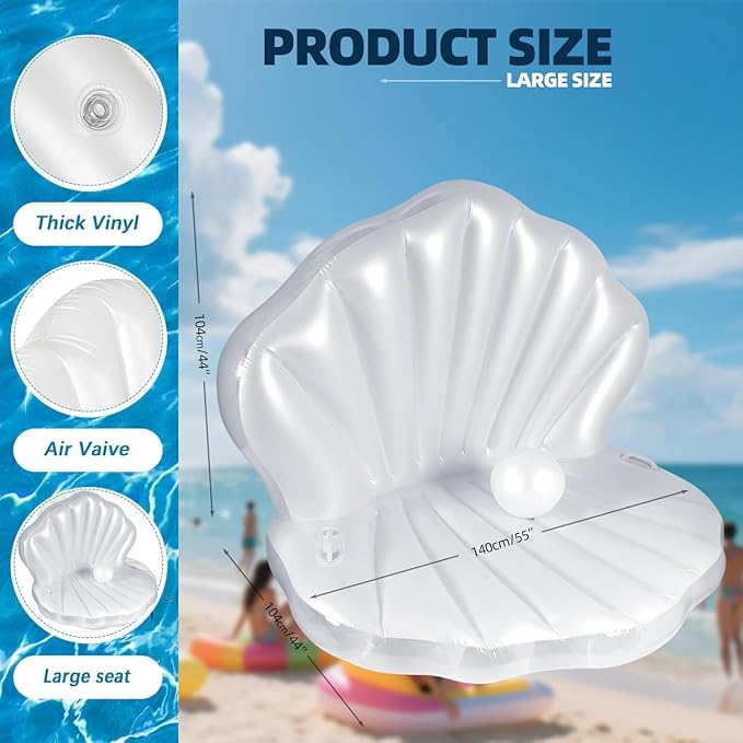 actoper Inflatable Seashell Swimming Pool 55 inch Inflatable Floating Ball Giant Bed Mattress Beach Seashore Shell Shaped Water Sofa Air Cushion Beach Mermaid Ocean Theme Party Decor