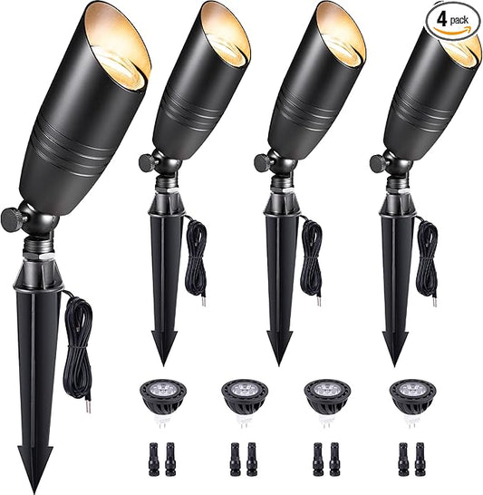 Gardenreet Brass Landscape Lighting - Black Low Voltage Spotlights Outdoor LED, 12V Wired Uplights, Waterproof Spot Lights for Outside Trees with 5W 5000K Daylight MR16 Bulb (4 Pack)