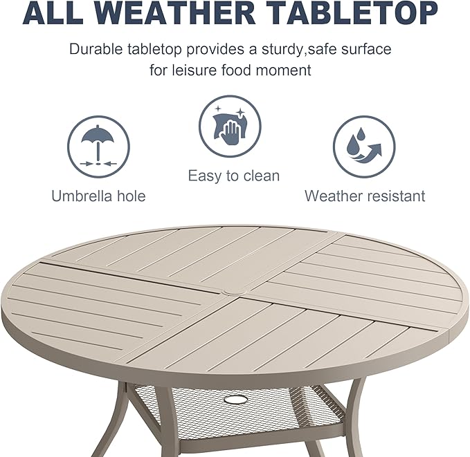 VICLLAX Round Patio Dining Table, 4 Person Metal Outdoor Dining Table with Umbrella Hole and Storage Shelf for Garden Lawn Deck, 40.6" Sandshell