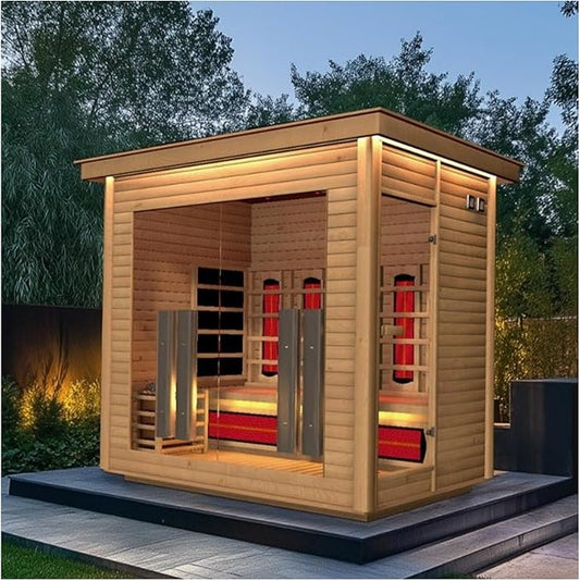 4-5 Person Hybrid Home Wood Sauna, Outdoor WiFi Control Far Infrared & Traditional Hemlock Steam Saunas Spa Room with Red Light Therapy, 14 Heaters& Electric Stove, Accessories, Rightdoor