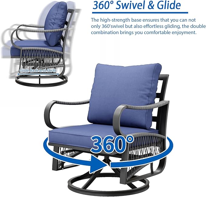 5 Piece Patio Furniture Set, Outdoor All Weather Conversation Sofa Set with 2 Swivel Chairs, Rope Braided Design and Thick Cushions for Garden, Porch, Lawn, Blue