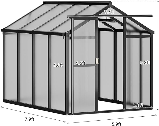 6x8 FT Greenhouse, Polycarbonate Walk-in Greenhouse for Outdoors with Roof Vent & Lockable Smooth-Gliding Sliding Door, Heavy-Duty Aluminum Green House for Garden, Backyard, Patio, Lawn, Dark Grey
