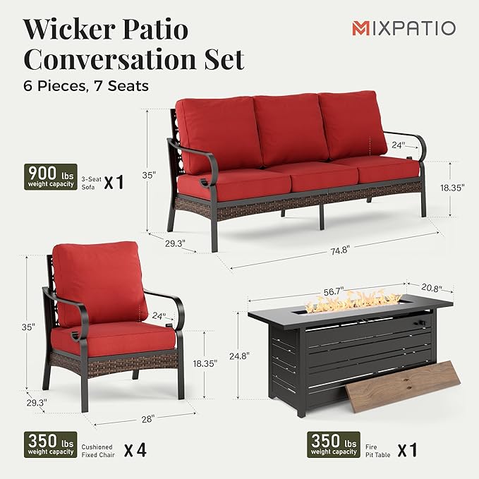 Patio Furniture Set with Firepit Table, Black Frame Outdoor Conversation Set with 4 x Fixed Chairs, 1 x 3-Seat Sofa for Lawn Garden Backyard, Red