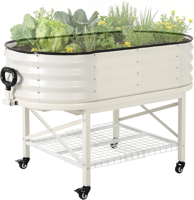 Oval Galvanized Raised Garden Bed Kit with Legs & Storage Rack for Patio, Easy Assembly, Thick Metal Outdoor Planter Box for Vegetables, Flowers, Patio Gardening, White