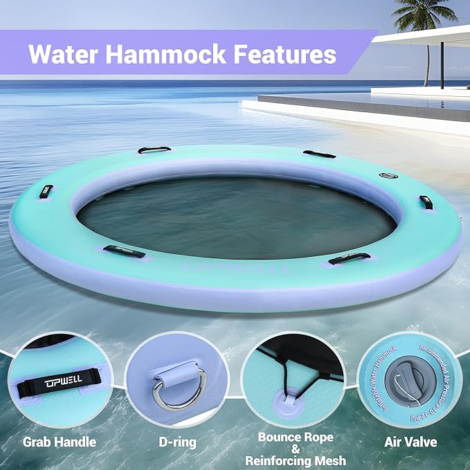UPWELL Round Inflatable Pool Float Hammock with Backrest - Heavy Duty Mesh Mat for Adults, Tanning, Lakes and Rivers