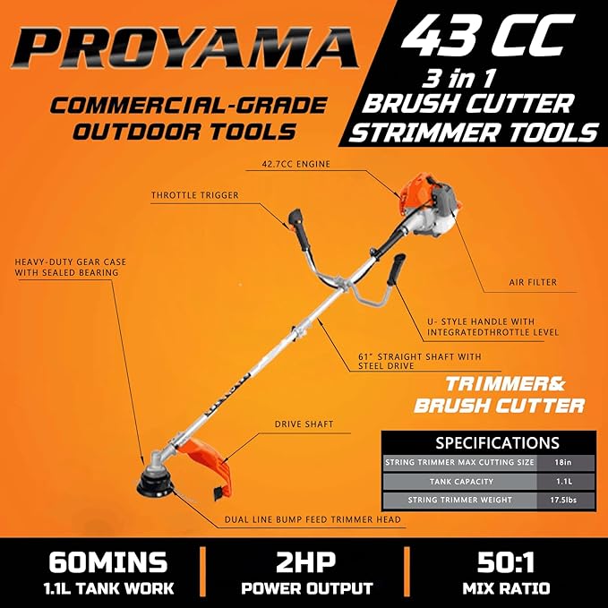 PROYAMA 42.7cc Gas Weed Wacker, 3 in 1 Heavy Duty Weed Eater Gas Powered, Brush Cutter and 2-Cycle String Trimmer Machine with Metal Blades for Lawn Care, 5 Year Warranty Gearbox