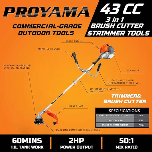 PROYAMA 42.7cc Gas Weed Wacker, 3 in 1 Heavy Duty Weed Eater Gas Powered, Brush Cutter and 2-Cycle String Trimmer Machine with Metal Blades for Lawn Care, 5 Year Warranty Gearbox