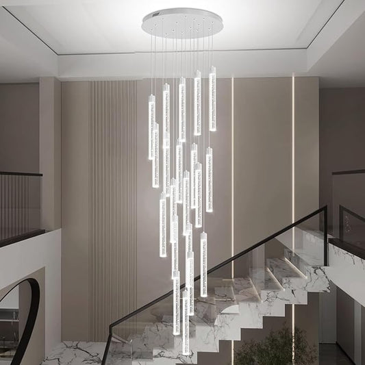 138'' Long Crystal Column Chandelier Extra Large Staircase High Ceiling Chandelier Silver 20-Lights Dimmable Led Pendant Lighting Foyer Entryway Light Source is Replaceable