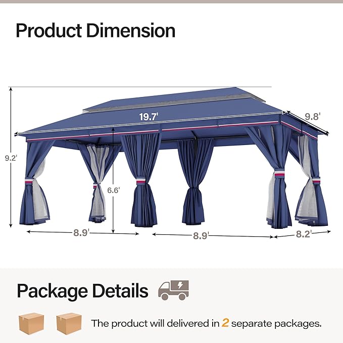 LAUSAINT HOME Gazebo 10x20ft, Heavy Duty Patio Gazebo with Expansion Bolts, Party Canopy Tent with Double Roofs, Mosquito Nettings and Privacy Screens for Backyard, Garden, Lawn, Classic Blue