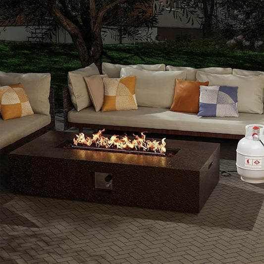 Outdoor Fire Pit, 56 inches Rectangle Propane Gas Patio Fire Table 50,000 BTU Concrete Travertine Design, Low Firepit Table with Lava Rocks, Waterproof Cover (Dark Brown)
