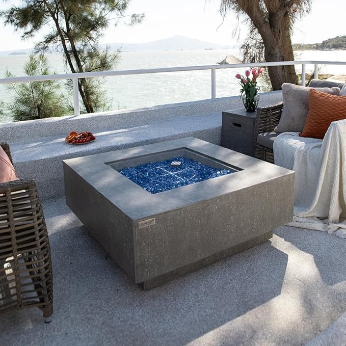 Victoria Concrete Fire Pit 40" x 40" Outdoor Patio Firepit Includes Fire Glass Modern Fire Pits & Outdoor Fireplaces for Garden, Deck, Indoor & Outdoor Heating