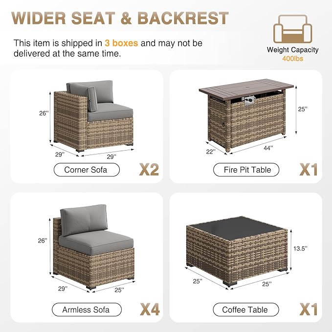 Aoxun Patio Furniture Sets, 8-Piece Outdoor Patio Furniture with 44'' Propane Gas Firepit Table, Wicker Outdoor Conversation Set Sectional Sofa for Backyard, Poolside, Garden