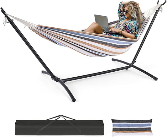 NEWBULIG Double Hammock with Stand, Heavy Duty Portable Hammocks for Outdoor Indoor Patio Camping, Space Saving Design & Carry Bag, Easy Assembly, 450lb Weight Capacity, Coffee