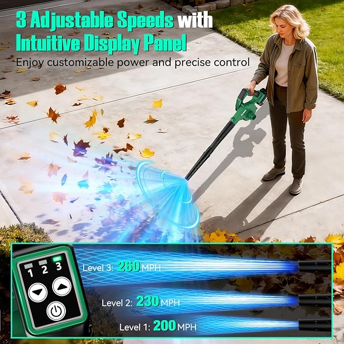 K I M O. Cordless Leaf Blower and Vacuum Combo 4 In 1, 3 Nozzles for Inflation and Deflation, 190MPH/260CFM, Smart Panel with 3 Modes, 20" Extended Tube, 2000mAh Battery Cordless Blowers for Lawn Care