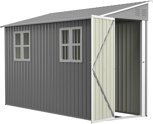 4x10FT Lean to Shed with Floor Frame & Windows, Metal Outdoor Storage Shed, Large Tool Shed for Garden Backyard Patio Storage,Outside Lean to Waterproof Shed, Gray