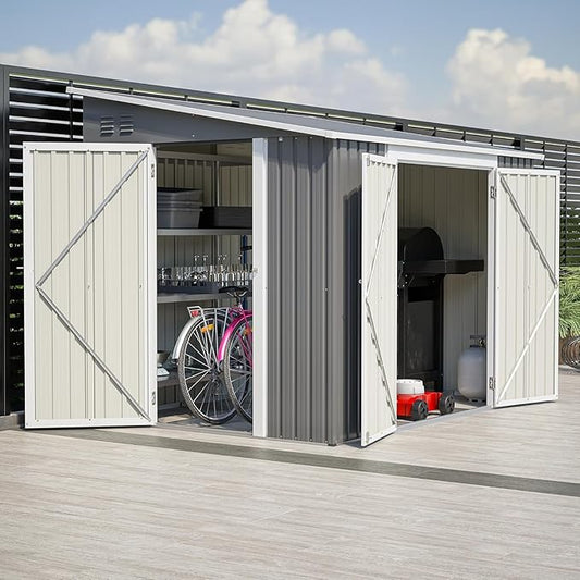 8x6 FT Outdoor Storage Shed with Sloping Roof, Lockable Double Doors & Adjustable Side Door, Weatherproof with Frame Floor, Compact Metal Tool Shed for Garden, Backyard and Patio