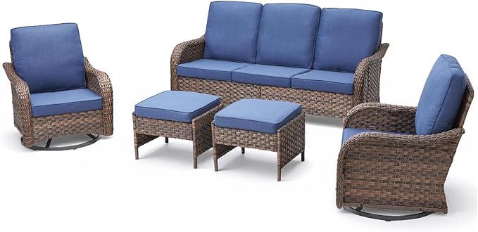 Wicker Patio Furniture Set-5 Pieces All-Weather Wicker Outdoor Furniture with High Back Outdoor Swivel Rocking Chairs Patio Conversation Sets for Garden Porch Deck Brown/Blue