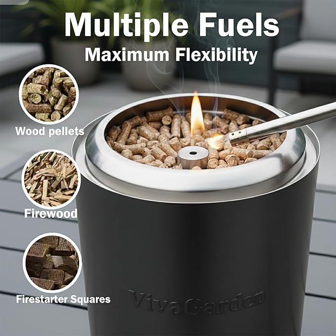 Smokeless Tabletop Fire Pit, VivaGarden Portable Outdoor Fire Pit for Camping, Patio, Backyard, Wood and Pellets Burning Camping Stove with Carry Bag, Forks, Mat and Pot Stand (9.7x7.1 Inch, Black)