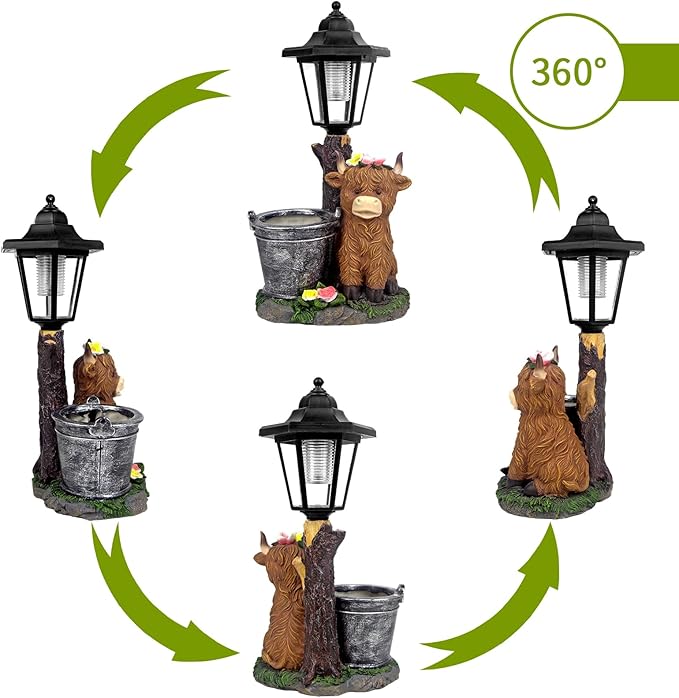 YEPOTUE Solar Highland Cow Outdoor Statues, Garden Sculptures with Flowerpot Decor & Solar Lantern for Yard Art Lawn Ornaments Porch Patio Balcony - Birthday Gifts for Women Mom