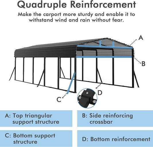 12x25FT Heavy Duty Metal Carport Canopy - Reinforced Galvanized Steel Frame, All-Weather Protection, Easy Assembly Car Port Shelter for Vehicles, Boats & Tractors