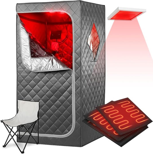 Full Size Portable Personal Infrared Sauna for Home, Personal Home Spa Tent with Remote Control, Heating Foot Pad, Foldable Reinforced Chair （Grey, L33.8 x W 33.8" x H 66.5"