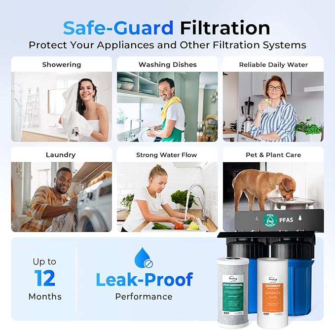 iSpring PFAS Whole House Water Filter System,SGS-Tested to Remove up to 99% PFAS,2-Stage Filtration Reduces Sediment, Chlorine, Chemical, Taste & Odor, 10-Inch Filters,1" Inlet/Outlet Model: WGB21B-PF