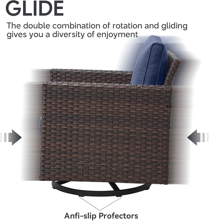 Outdoor Swivel Rocker Chairs Set of 4 with Fire Pit Table - 5 Peice Wicker Patio Furniture Set Conversation Set with 50,000 BTU Fire Pit for Deck Backyard - Brown Wicker Blue Cushion