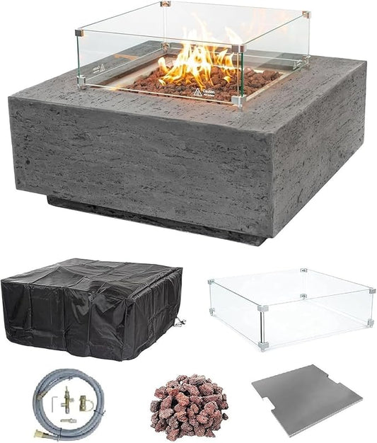 AMS Creations | Albany Square Natural Gas Outdoor Fire Pit Table | Concrete GFRC Fire Pit Table | with SS Burner, Canvas Cover, SS Lid, Lava Rock, and Wind Guard Included (Fuel Type: Natural Gas)